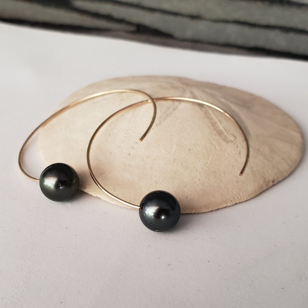 Tahitian pearl hoops earrings gold filled silver - Picture 3 of 3